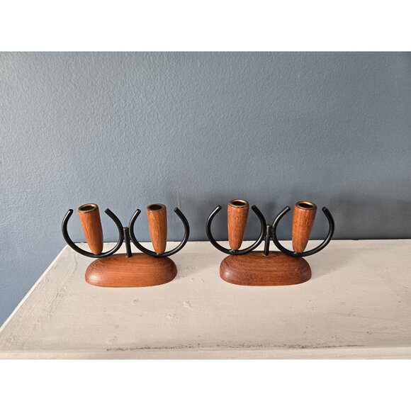 Danish Teak Candleholders Set of Two Luthje Denmark Modernist Brass Metal Wood - Picture 9 of 9
